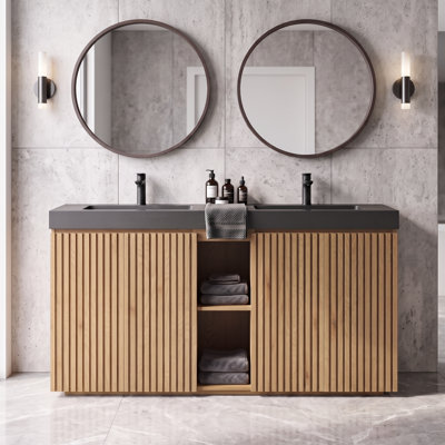 Meuble-lavabo autoportant 60 po avec lavabo une pièce noir 60 po, grand meuble-lavabo autoportant avec grille de rangement élégante, sans bonde et robinet, KD