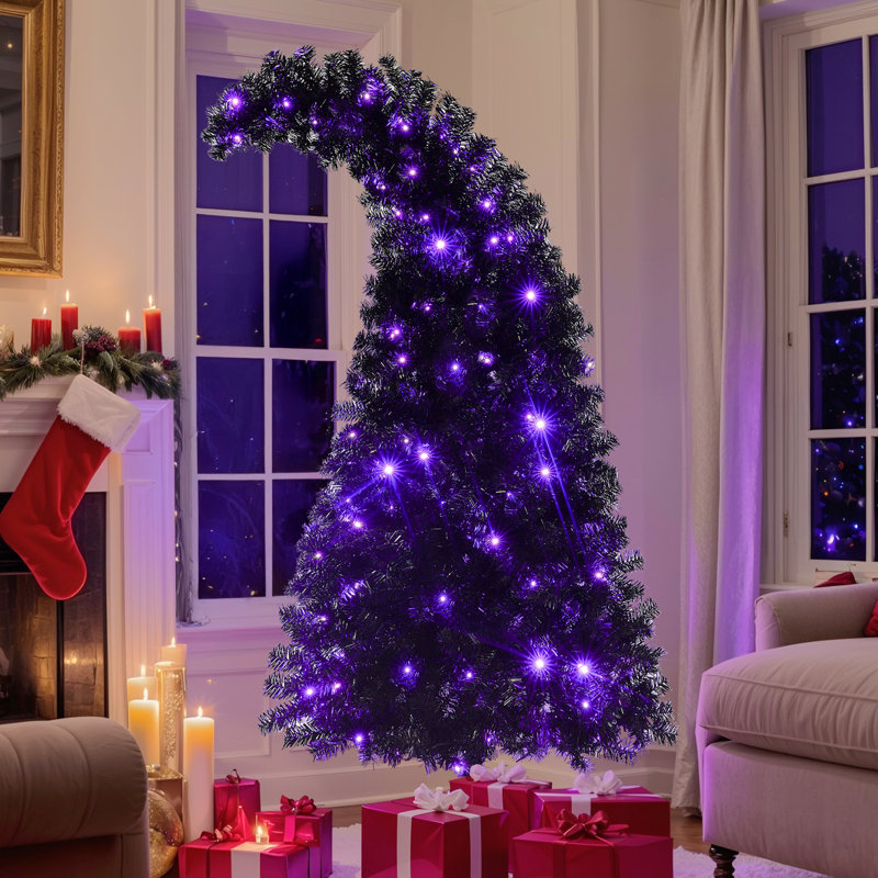 Arbre de Noël illuminé 6 pi avec 250 lumières DEL, forme incurvée et base en métal, arbre de Noël artificiel à charnières, noir