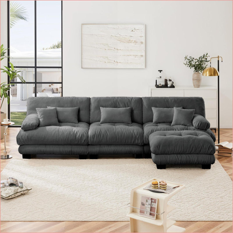 Canapés modulaires, siège profond modulaire en L avec repose-pieds convertible pour le salon | Gris ardoise | Chenille