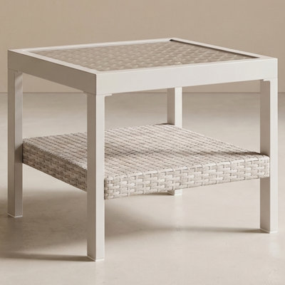 Glass Table - Outdoor Coffee Table With Tempered Glass Top And Steel Frame, Boho Modern Patio Table For Garden, Balcony, Backyard, Porch, Bone Color