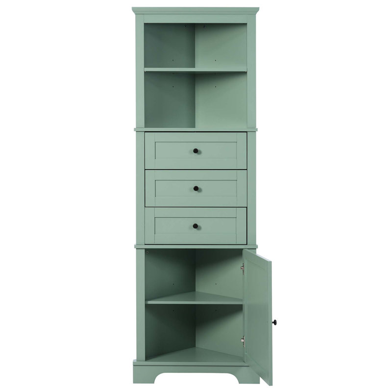 Triangle Tall Cabinet with Three Drawers and Adjustable Shelves, Green