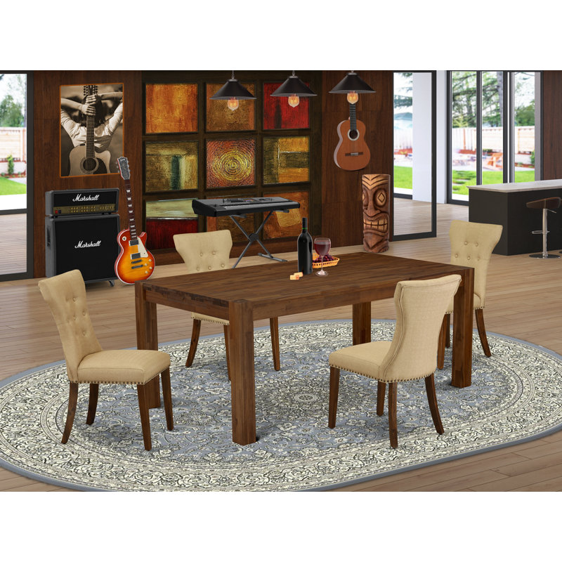 L'ensemble de mobilier de salle à manger 5 pièces comprend une table rectangulaire en bois rustique et 4 chaises rembourrées en tissu de lin brun, noyer antique