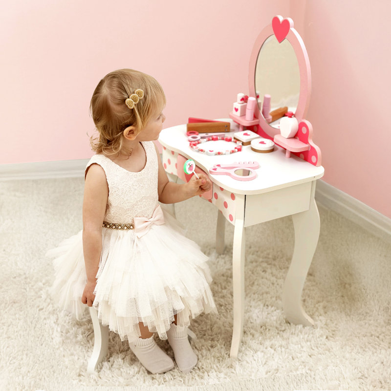 Kids Vanity Table And Chair Set,15 Pcs Makeup Accessories & Storage Drawer