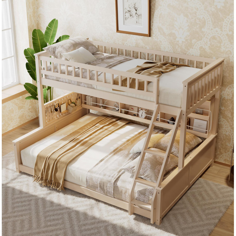 Twin XL over Queen Bunk Bed with Integrated Shelving, Color-Changing Lights and Pegboard, Beige, Beige, Twin XL Over Queen