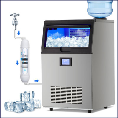 Machine à glaçons commerciale, machine à glaçons autoportante avec 2 modes d'entrée d'eau, 100 lb / 24 h, 50 pièces / cycle, bac de rangement de 33 lb, machine à glaçons pour bar à domicile, café, entreprise