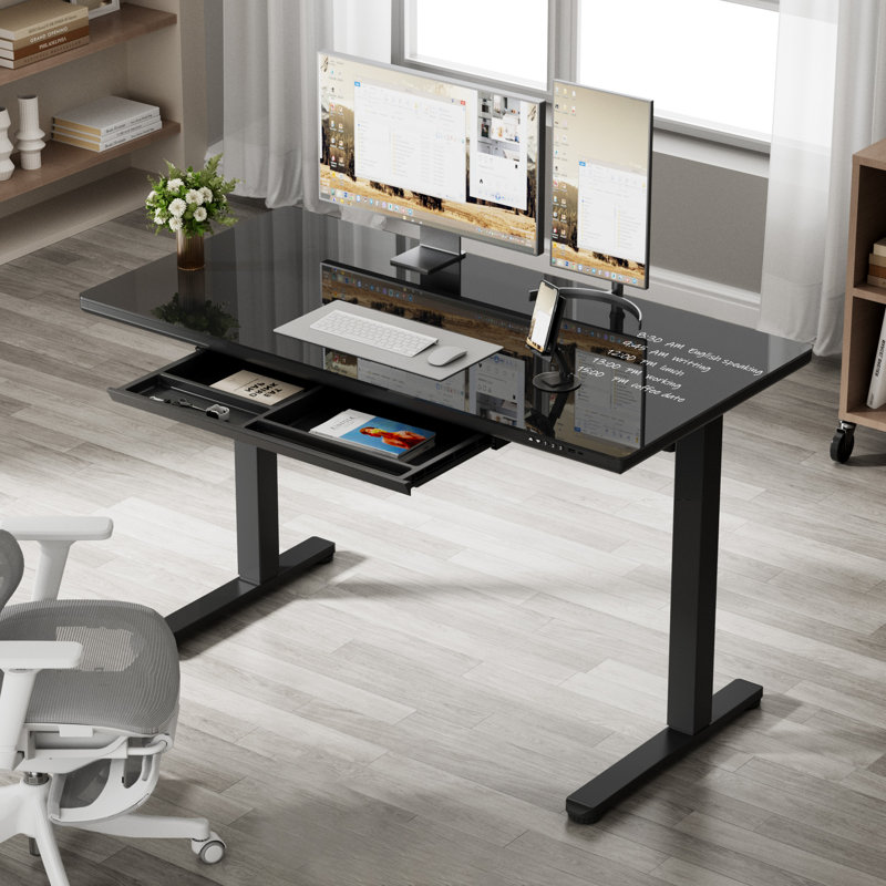 47" Glass Top Height Adjustable Standing Desk with Drawer and USB Charging, Computer Desk with LED Display and Mobile Phone Stand, Black