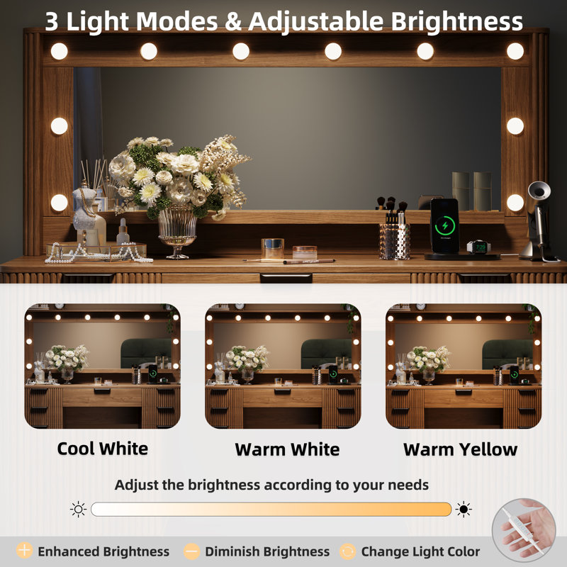 Fluted Makeup Vanity Desk With Large 39.3" Mirror And Lights, Walnut