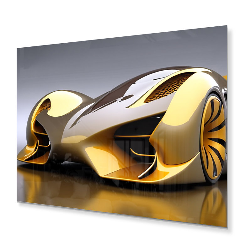 Futuriste voiture de luxe dorée I - impression sans cadre sur métal, H 16 po x l 32 po x P 1 po