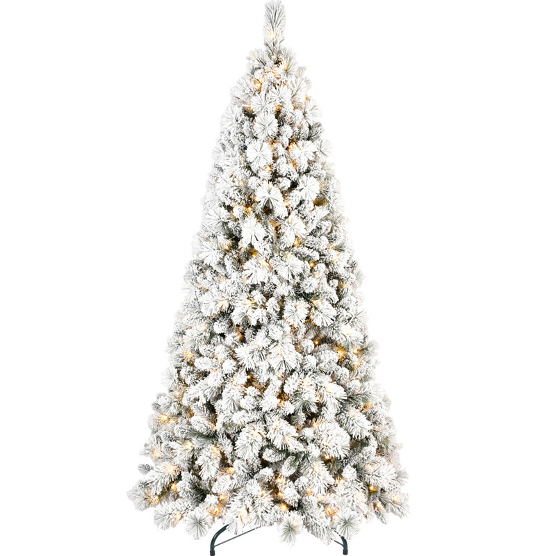 Arbre de Noël 48 pouces floqué, 150 blanc chaud intégré, 350 branches, système à charnières pour un assemblage sans effort, support en métal robuste