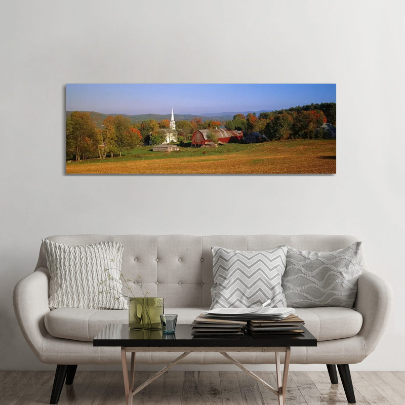 Church And A Barn In A Field, Peacham, Vermont, USA - Wrapped Canvas Panoramic Print, 182.88 cm H x 60.96 cm W