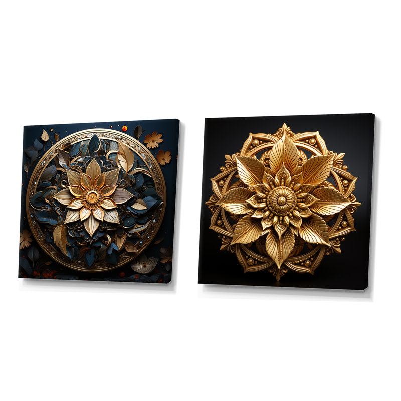 Mandala cercles dorés en or I - ensemble de 2 reproductions d'art sur toile Boho Mandala, Toile tendue