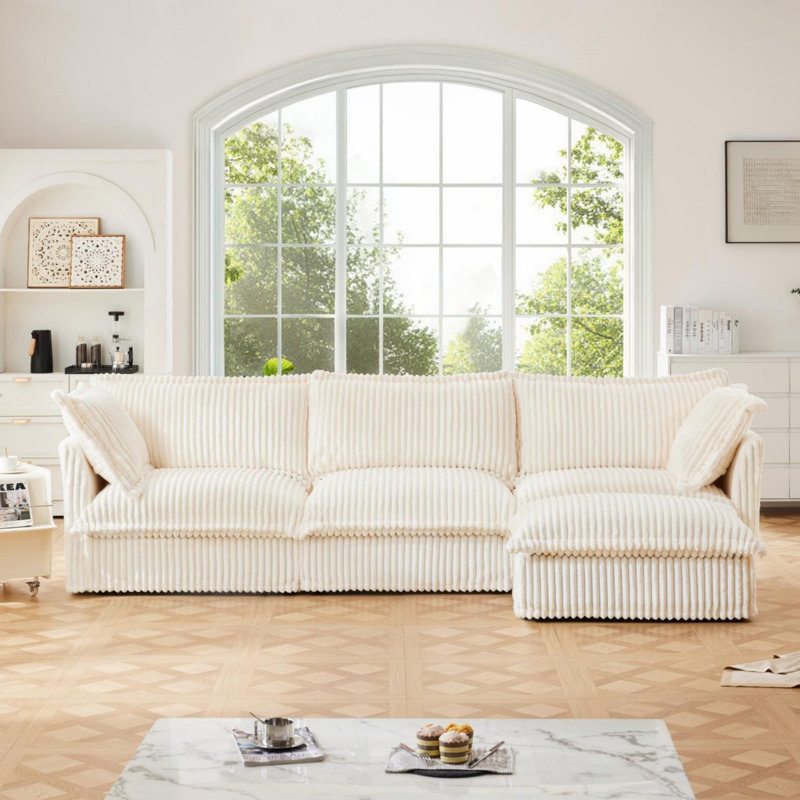 Canapé rembourré, repose-pieds, H 34,6 po x l 120 po x P 55 po, Chenille crème