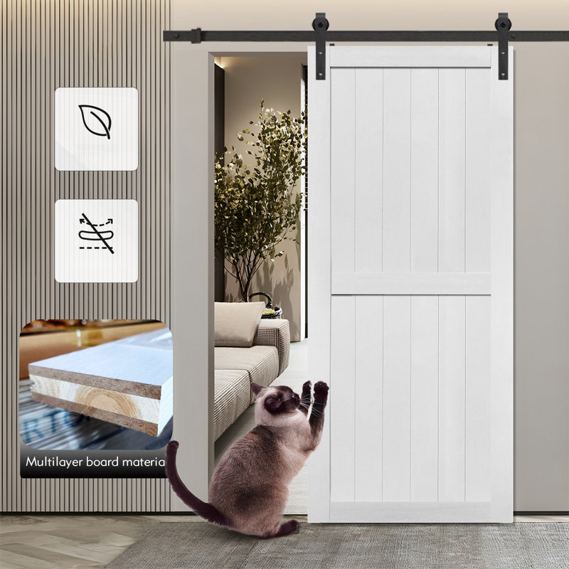 MDF Barn Door with Sliding Door Hardware Kit,Covered with Water-Proof PVC Surface, 32" x 84", White