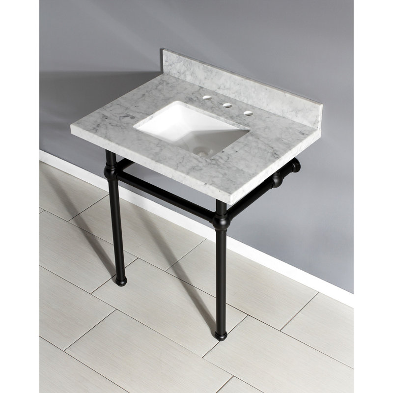 Kingston Brass Templeton 30-Inch Carrara Marble Vanity Top with Brass Legs (8-Inch, 3-Hole), Matte Black
