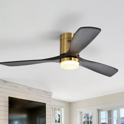Ventilateur de plafond à DEL moderne en bois massif à 3 pales de 52 po avec télécommande et kit d'éclairage Nicola