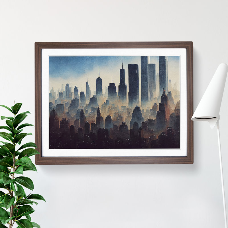 Watercolour New York Skyline Vol.2 - Single Picture Frame Painting, Walnut, 34cm H x 46cm W x 2cm D