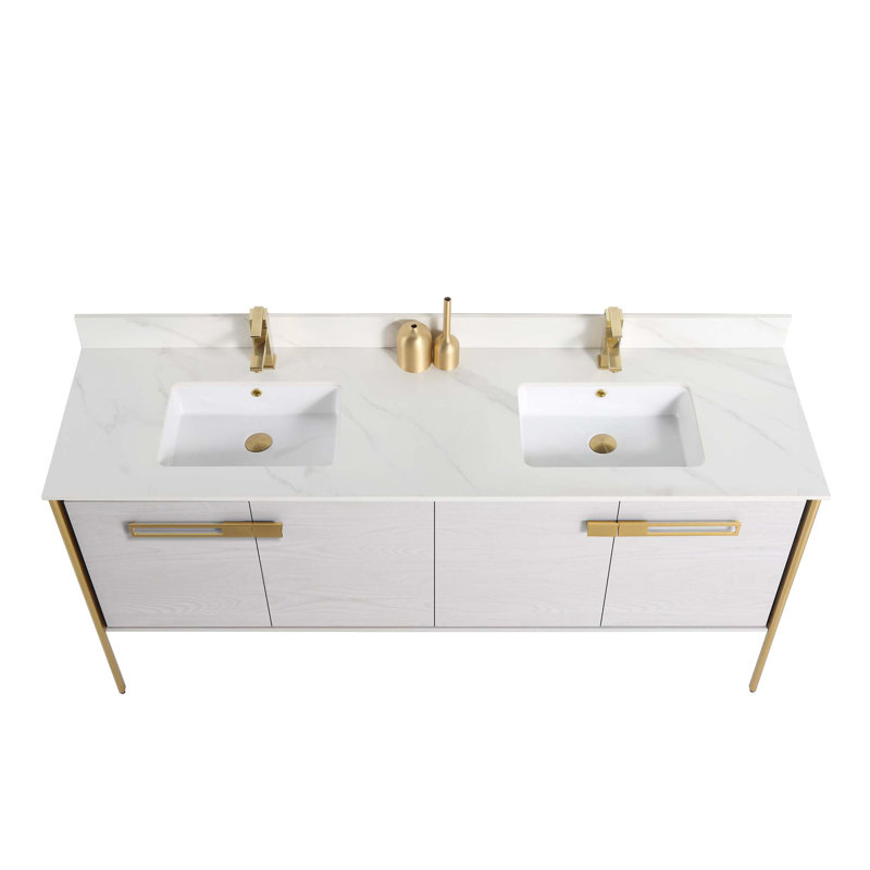 Meuble-lavabo double 72 po, Laiton satiné, Chêne gris doux
