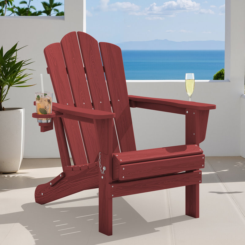 Wolak HDPE Folding Adirondack Chair With Dual Cup Holder, Dark Red
