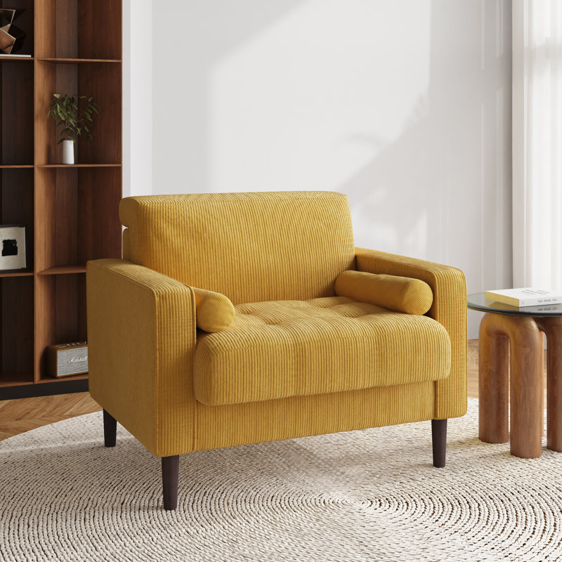 Iliana Upholstered Yellow Corduroy Square Arm Tufted Club Chair with 2 Pillows, Yellow Corduroy