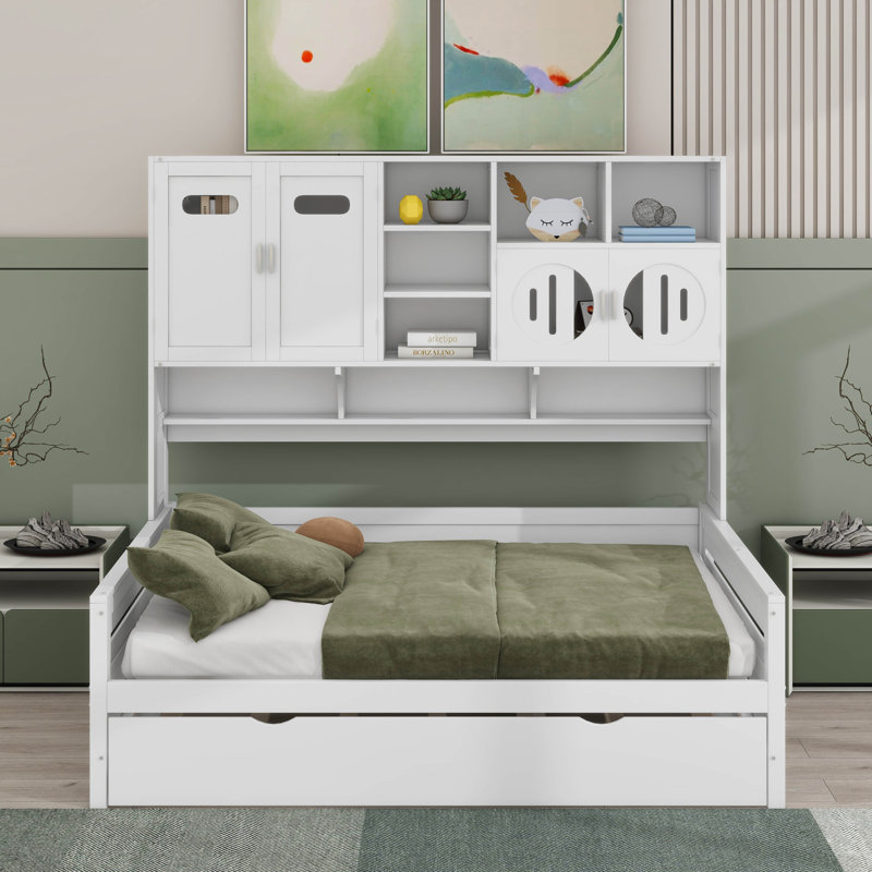 Lit de jour en bois pleine grandeur avec lit gigogne simple, armoire et tablette tout-en-un, Blanc