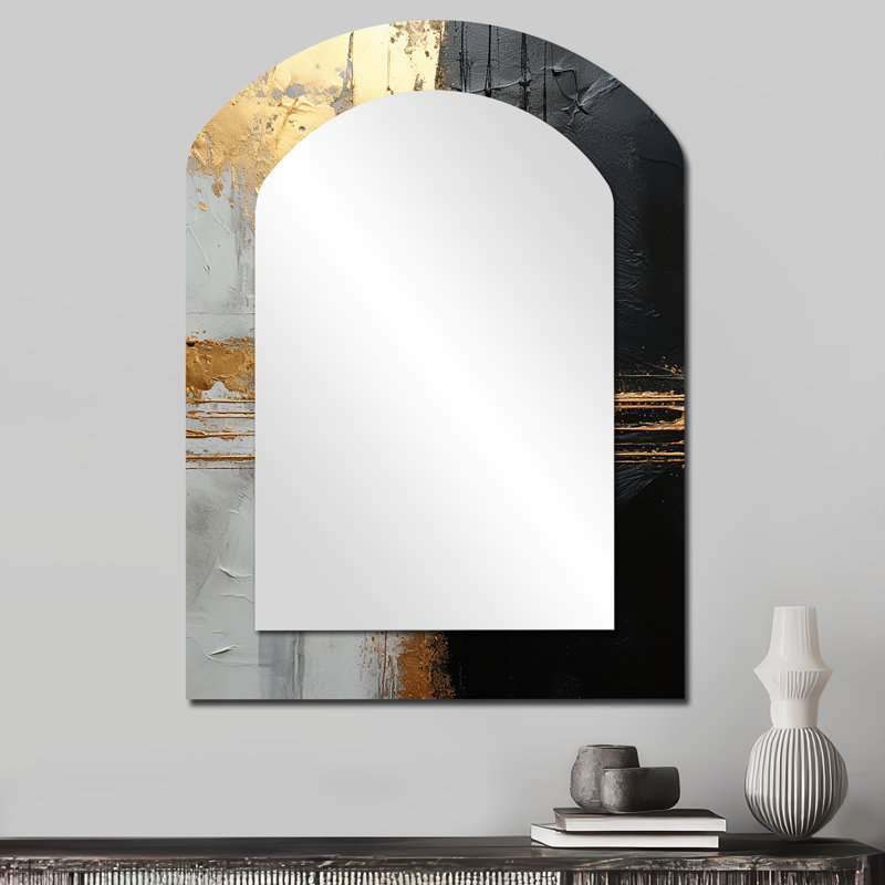 Black And Gold Abstract Meditation IV - Abstract Painting Asymmetrical Mirror, Beige Arch Unique Wall Mirror, Printed Metal Art