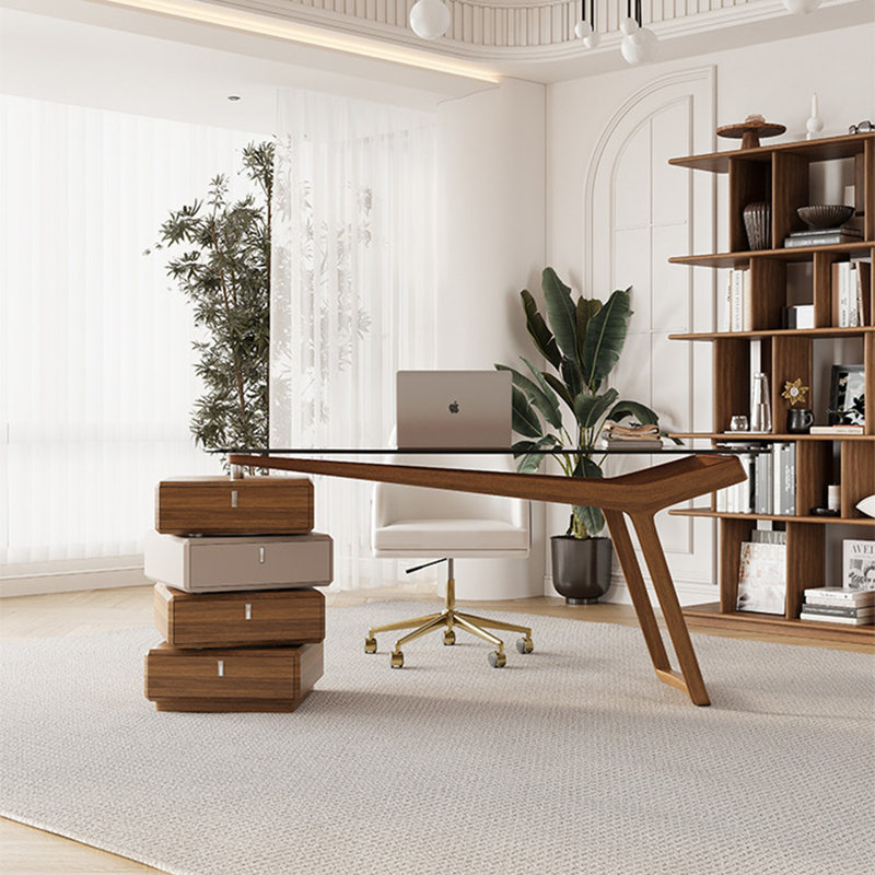 Bureau de 59,06 po Modern Light Luxury Creative Design - plateau en verre trempé, structure en bois massif, tiroirs rotatifs