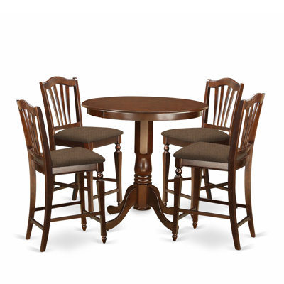 5 Piece Counter Height Dining Table Set Includes a Round Kitchen Table with Pedestal and 4 Linen Fabric Upholstered Dining Chairs, 36x36 Inch, Mahogany