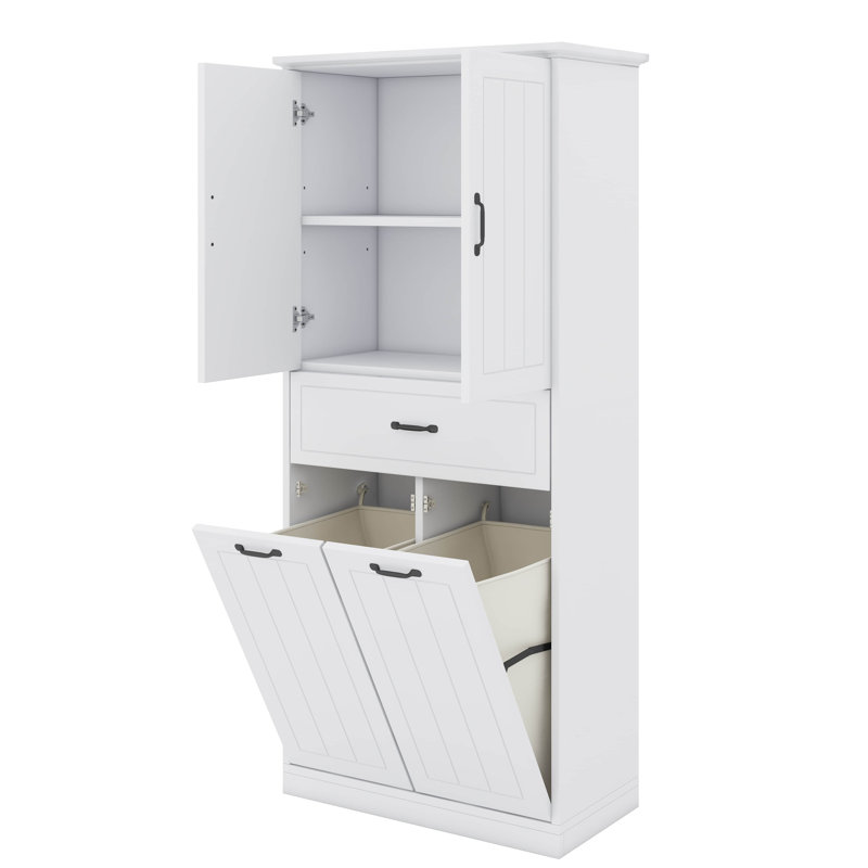 Bathroom Storage Cabinet With Two Laundry Baskets, Storage Cabinet With Doors And Drawer For Home, White