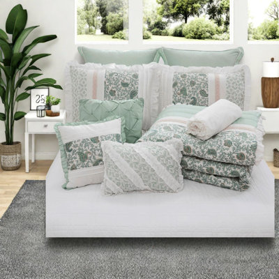 Ensemble de literie 9 pièces Elegant Farmhouse, édredon en percale de coton, turquoise grand