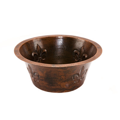 16" Round Copper Prep Sink w/ Fleur De Lis and 3.5" Drain Opening