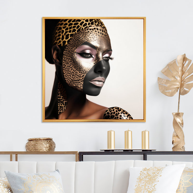 " Bohemain Model With Leopard Pattern ", 36" H x 36" W x 1.5" D, Gold Floater Framed