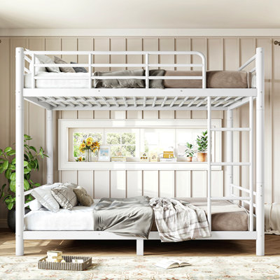 Lit superposé double au-dessus de double pour les adolescents et les adultes, peu encombrant / sans sommier tapissier, tube rond, converti en deux lits, blanc