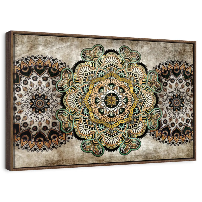 Mandalas rétro, 46 po x 31 po, Cadre flottant en noyer
