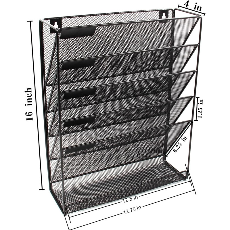 Wall File Holder 5 Tier Vertical Hanging File Organizer Wall Mount Paper Folder Rack With Bottom Flat Tray For Office And Home,Black