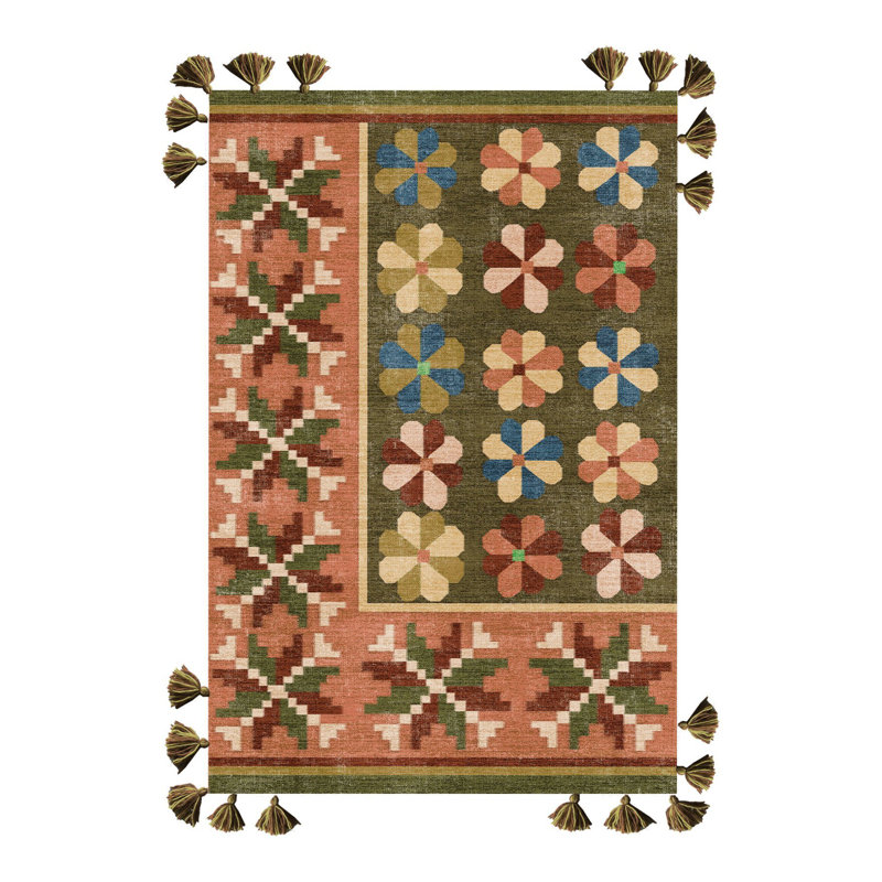 Tapis tissé à motif floral kaki, Rectangle 4 pi 11,06 po x 7 pi 6,55 po