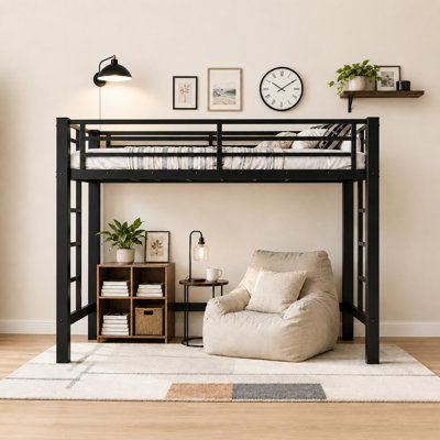 Twin Size Metal Loft Bed, Loft Bed With Easy Climbing Ladder And Guardrails , No Box Spring Needed，black