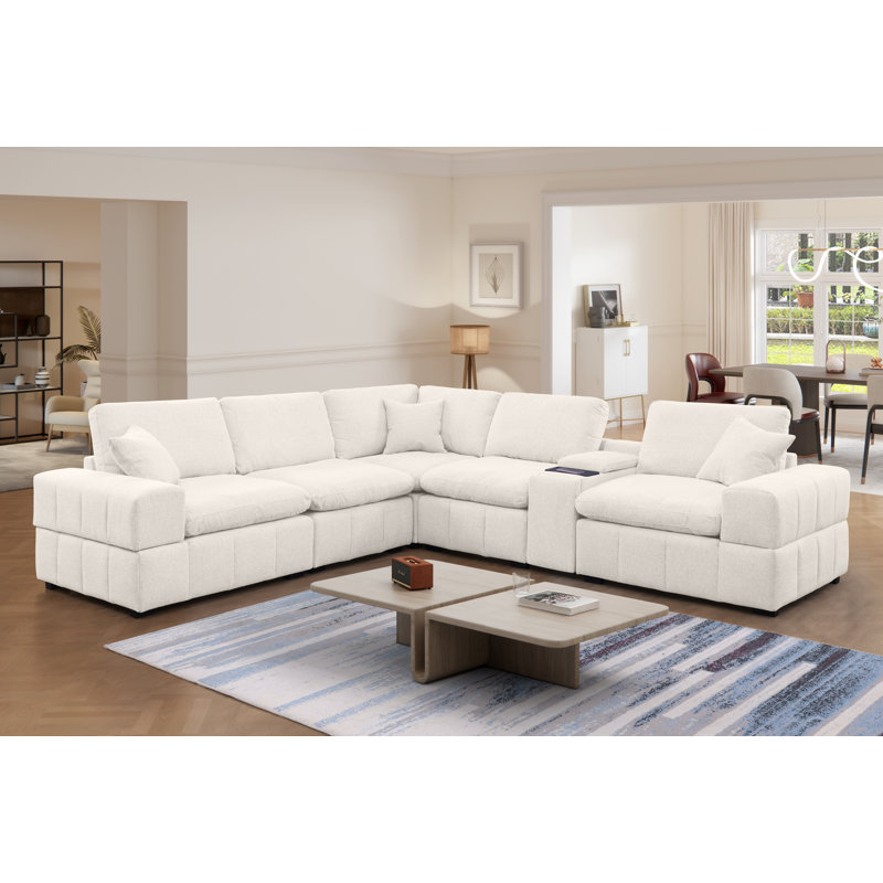 Upholstered Chenille 6 Piece Modular Sectional Sofa With Central Console, Wireless Charging & Storage, Beige Chenille
