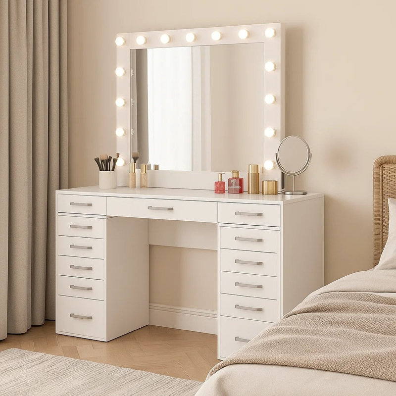 Sheila Vanity Set With Lighted Mirror, Multiple Drawers, White Wood
