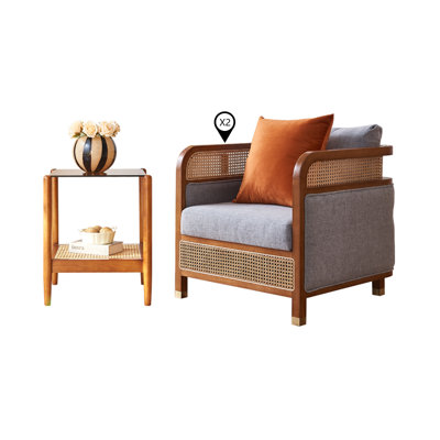 Ensemble de 2 chaises de réception en rotin de bois massif avec table d'appoint