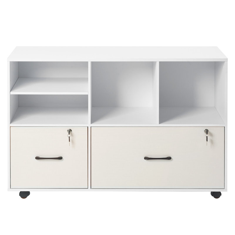 Classeur à 2 tiroirs en bois, classeur mobile avec tablettes ouvertes, rangement à dossiers latéral verrouillable avec tablettes réglables