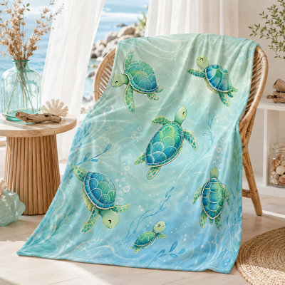 Couverture en flanelle à motif de tortues mignonnes, tortues marines de dessin animé turquoise sur fond océan doux, idéale pour le canapé, le lit, la lecture, les voyages et la détente au quotidien, 127 x 152 cm