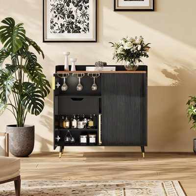 Wine Rack Cabinet, Sturdy Structure, Wine and Glass Storage | Freestanding layout enables flexible placement and acts as practical indoor bar storage by Ebern Designs