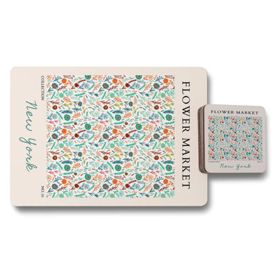 Flower Market Collection Placemat and Coaster Set with Wood Bottom New York Floral Artwork