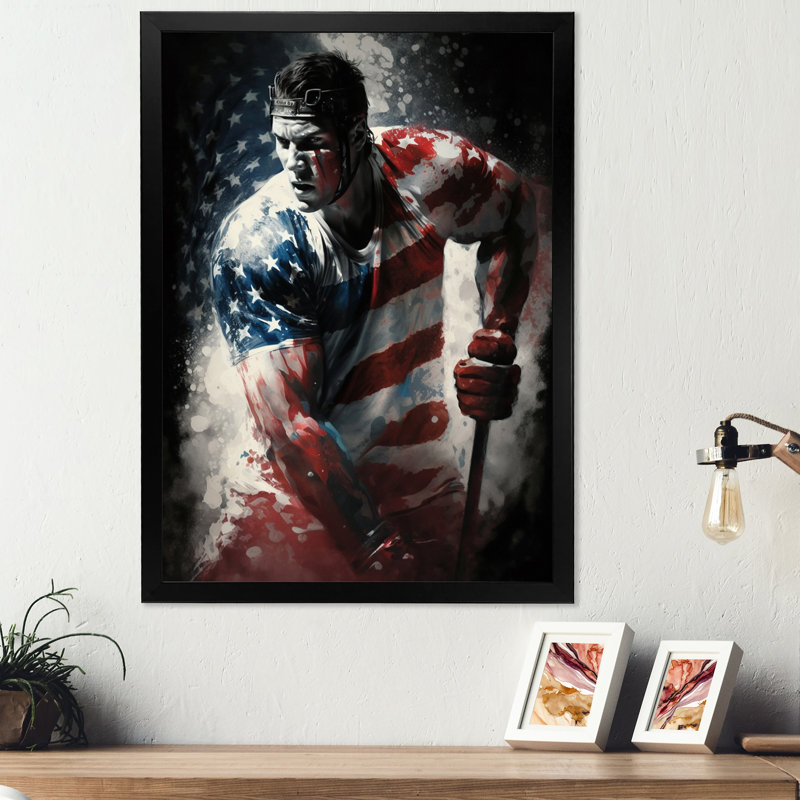 Hockey jouant sur la patinoire - Impression sur toile, H 40 po x l 30 po x P 1,5 po, Cadre photo noir