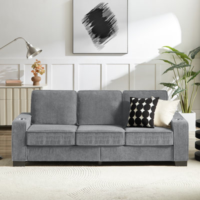 83.86" Bedroom Corduroy - Gray 3 Compressed With Long-Lasting Quality And Cup Holders Modern Style For Living Room, Bedroom, Office
