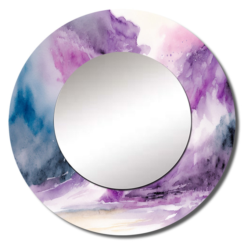Sarhan violet tempête à l'horizon II - miroir mural décoratif à encre liquide, miroir rond mauve, impression sur métal