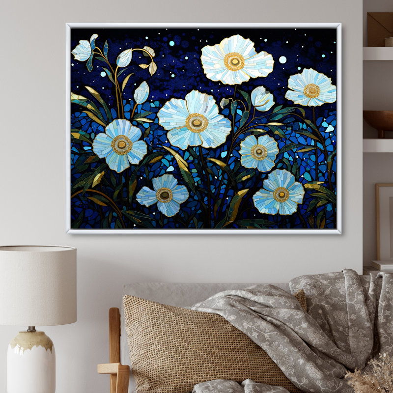 Moonlight Flower Field Dreams sur toile, H 12 po x l 20 po x P 1 po, Cadre flottant blanc