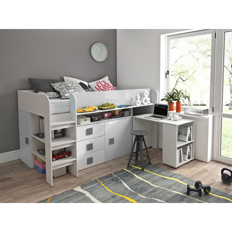 Graber European Single (90 X 200 Cm) Loft Bed Children's Bed , Youth Bed with Storage Included with Desk Included, White/Grey