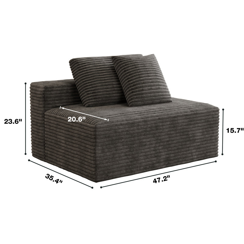 Causeuse centrale 47 po, canapé modulaire à compression Compenont, velours côtelé noir, Velours côtelé gris