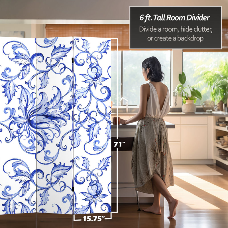6 Ft. Tall Double Sided Blue Filigree Canvas Room Divider, Filigree